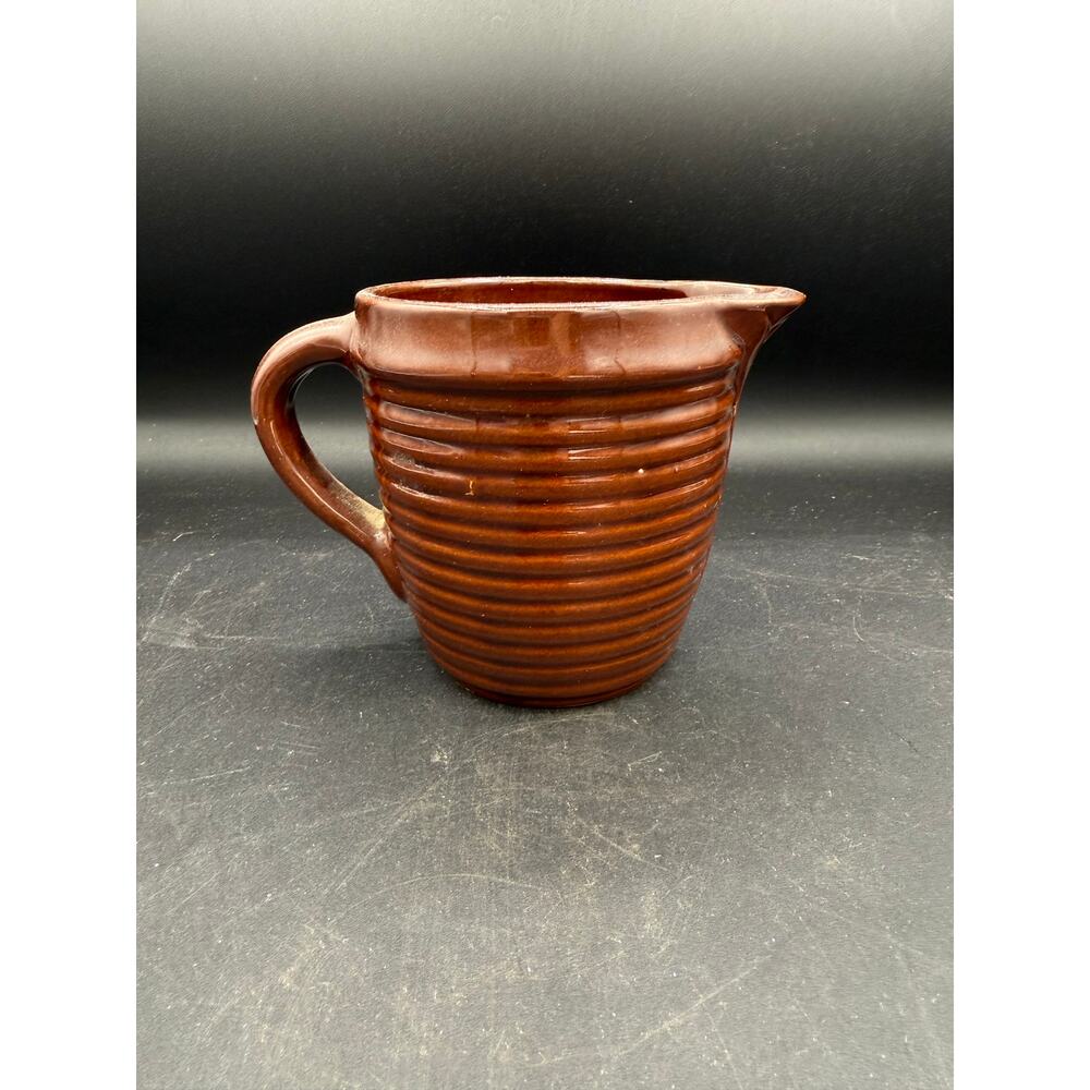 Vintage Western Stoneware Ribbed Brown Pottery Pitcher - Made in USA